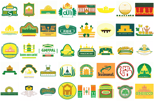 ‘A gold and green logo of an Indian restaurant featuring the Taj Mahal’ (our model)