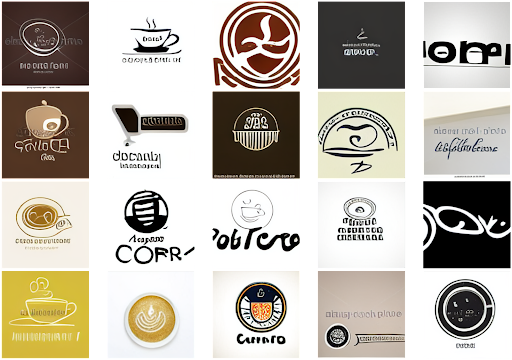 ‘A logo of a coffee shop featuring a coffee cup’ (original minDALL-E without fine-tuning)