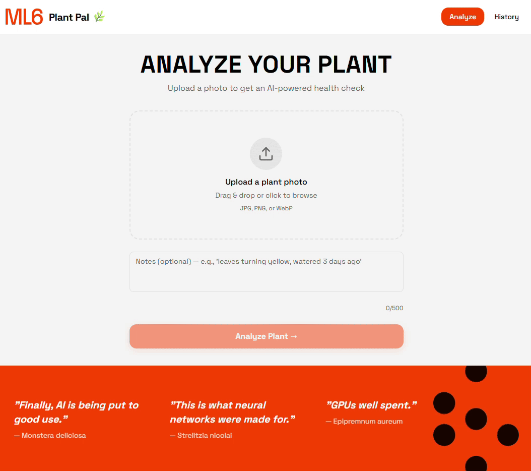 Plant Pal: a small app where you upload a plant photo, get an AI-powered health check, and view your analysis history.