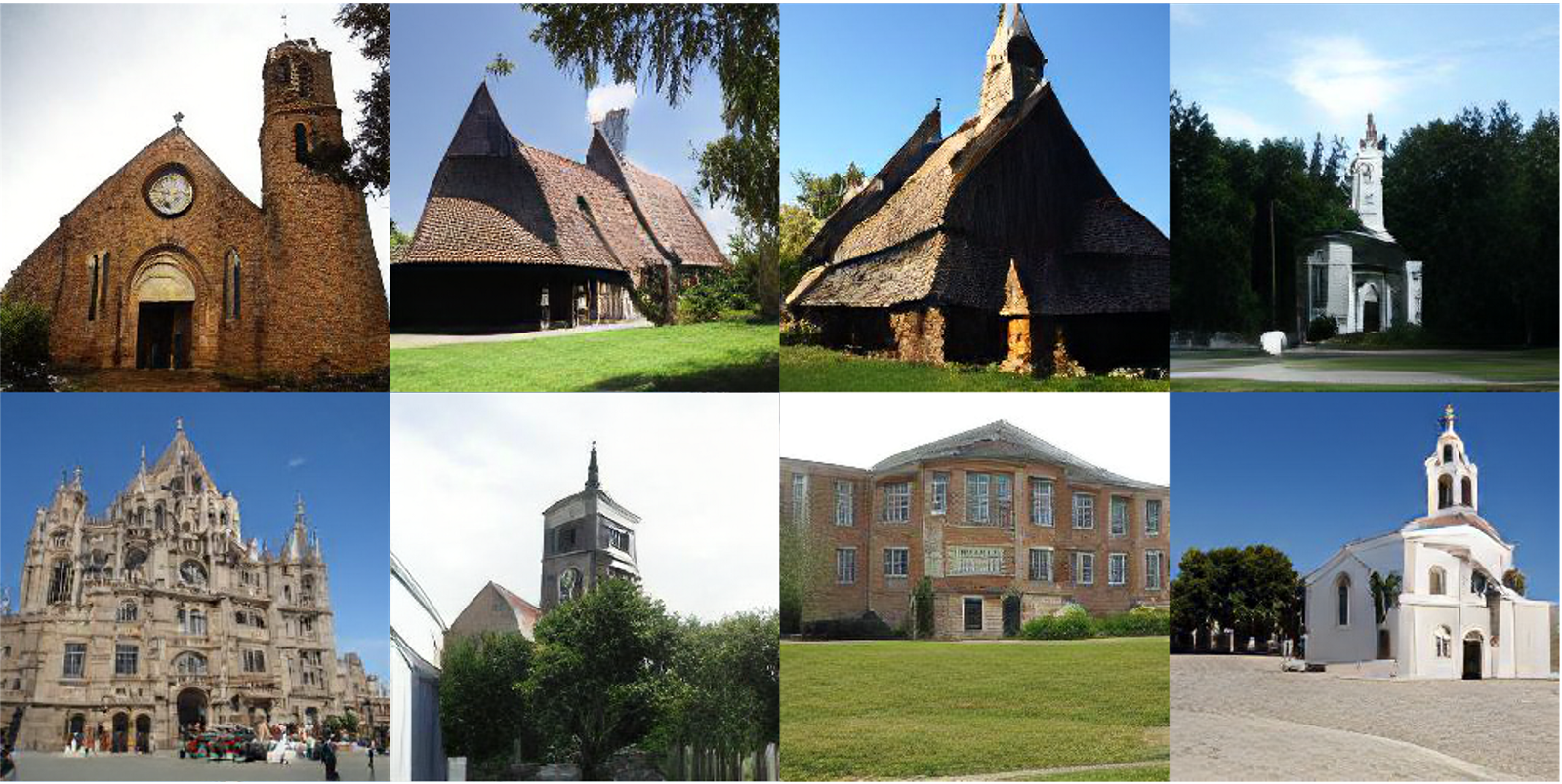 Churches generated from scratch by sampling from a discrete diffusion model trained on the LSUN churches dataset