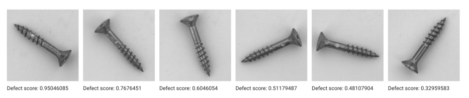 Example images that were given a defect score between 0 and 1 by the cosmetic inspection model.