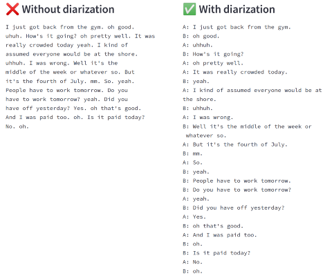 Example transcript with and without diarization