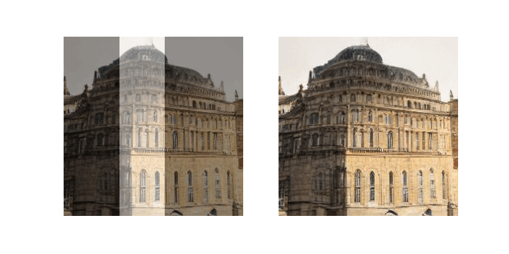 Left: generated image with fixed region in the middle. Right: full generated image