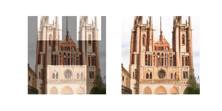 Left: generated image with highlighted masked region. Right: full generated image