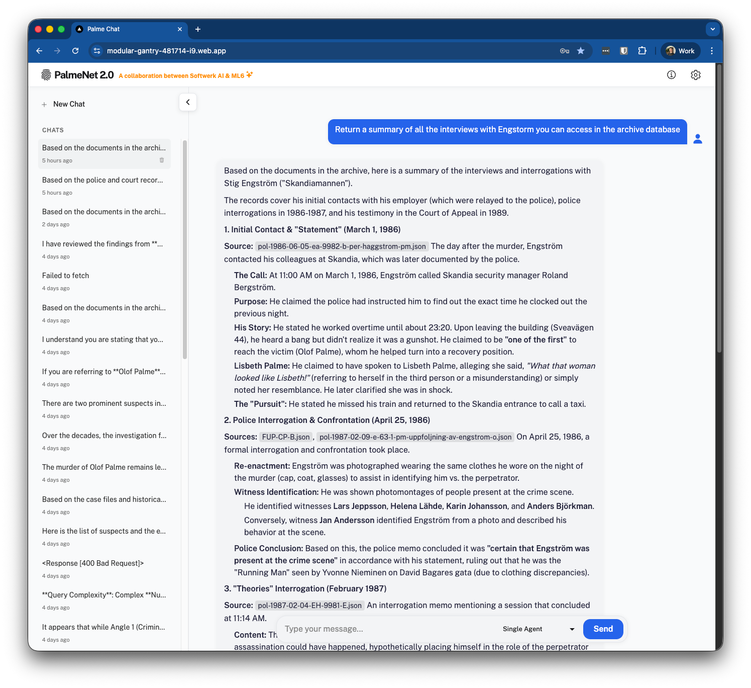 Palme Chat web application interface showing a user query and AI-generated response grounded in digitized police archive documents.