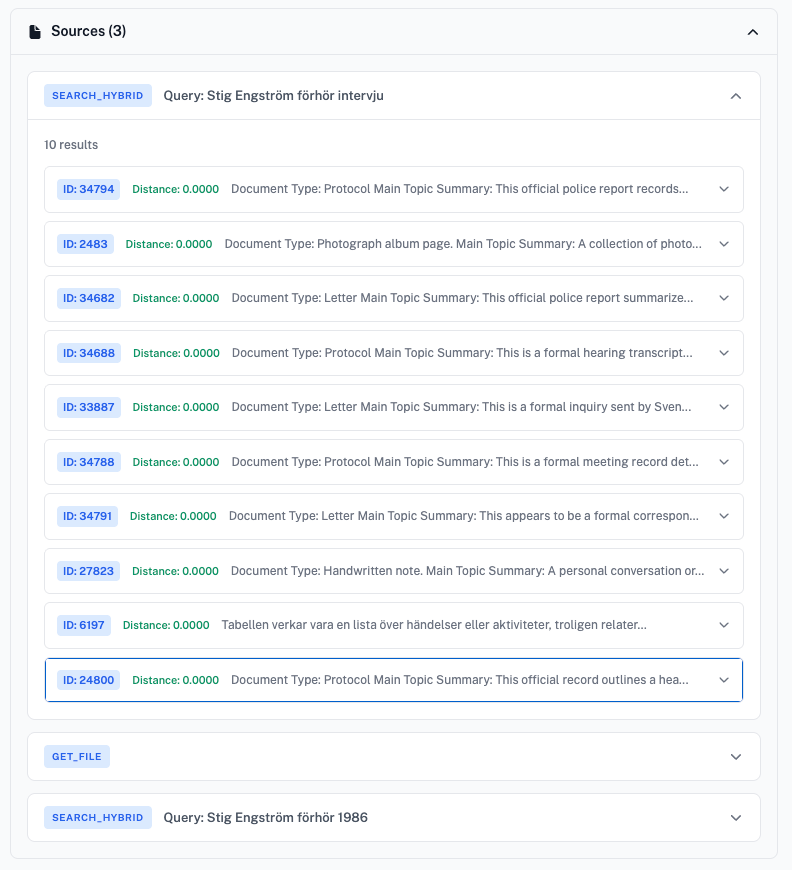 Screenshot of AI research interface displaying hybrid search results where a single agent retrieves and ranks police archive documents with source references