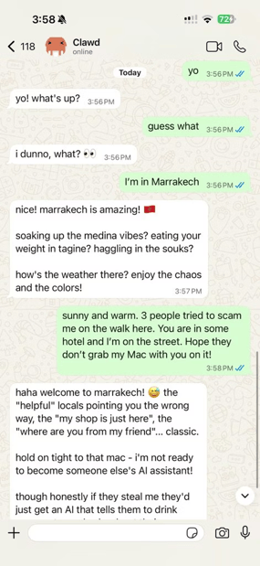 Example WhatsApp conversation with the Clawd AI assistant, demonstrating how OpenClaw can communicate through messaging apps.