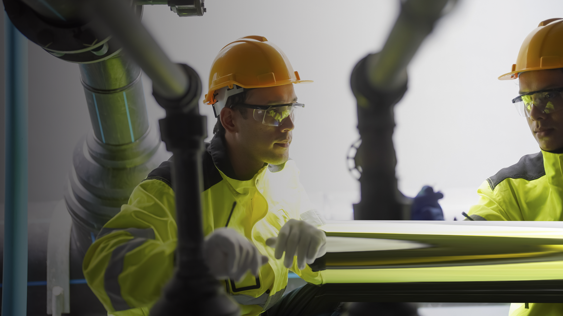 OGE_Workers performing maintenance on industrial pipes in a factory setting By FoToArtist_1_2_envato